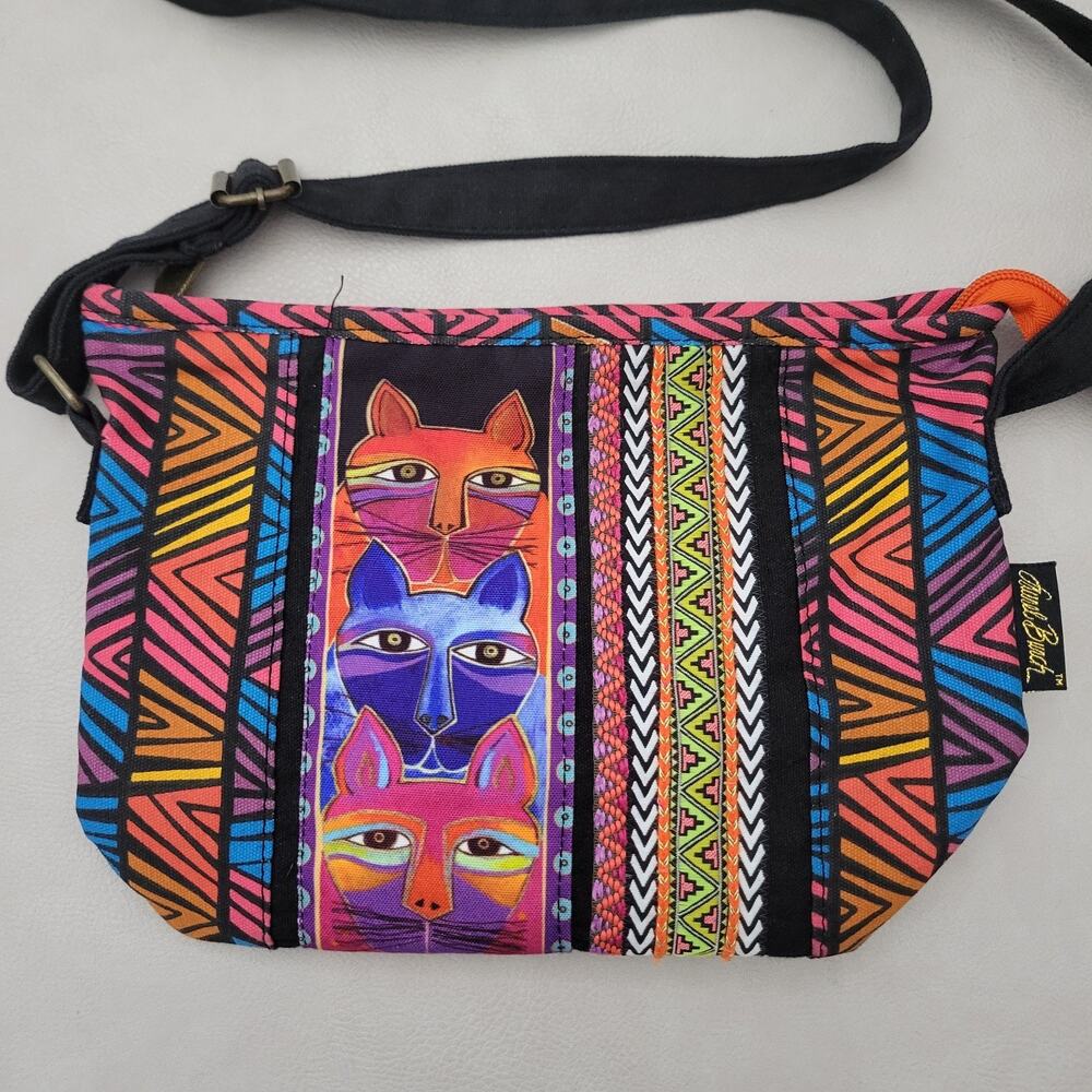 Laurel Burch Painted Cat Fabric Crossbody Purse Art To Wear Unique Pink Red